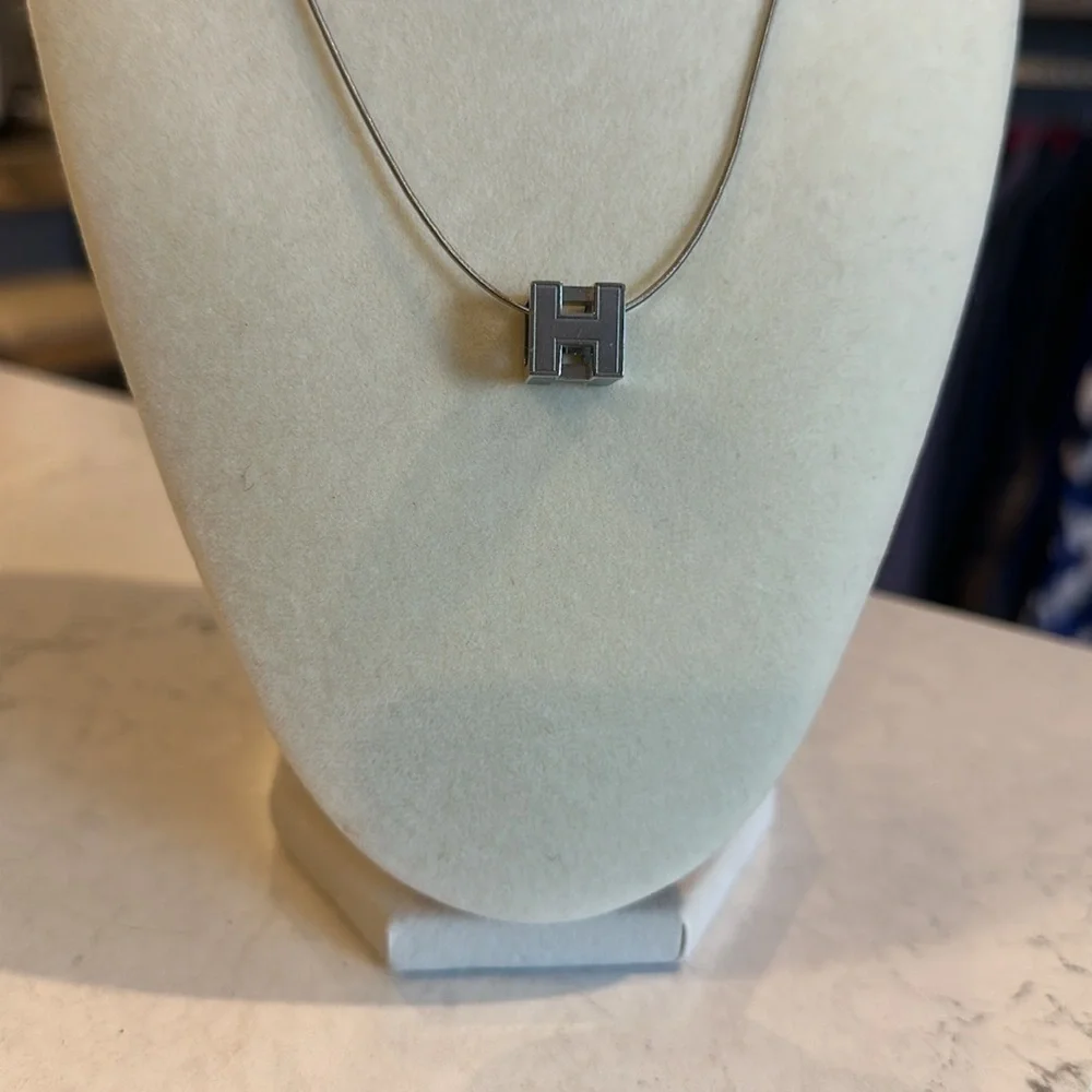 Authentic Hermes black logo silver tone 16” long necklace